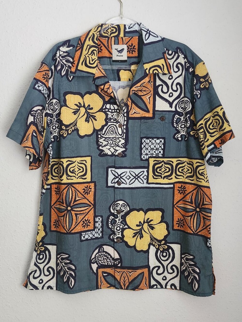 YIUME Tiki Hawaiian Floral Island Print Camp Button Down Shirt L